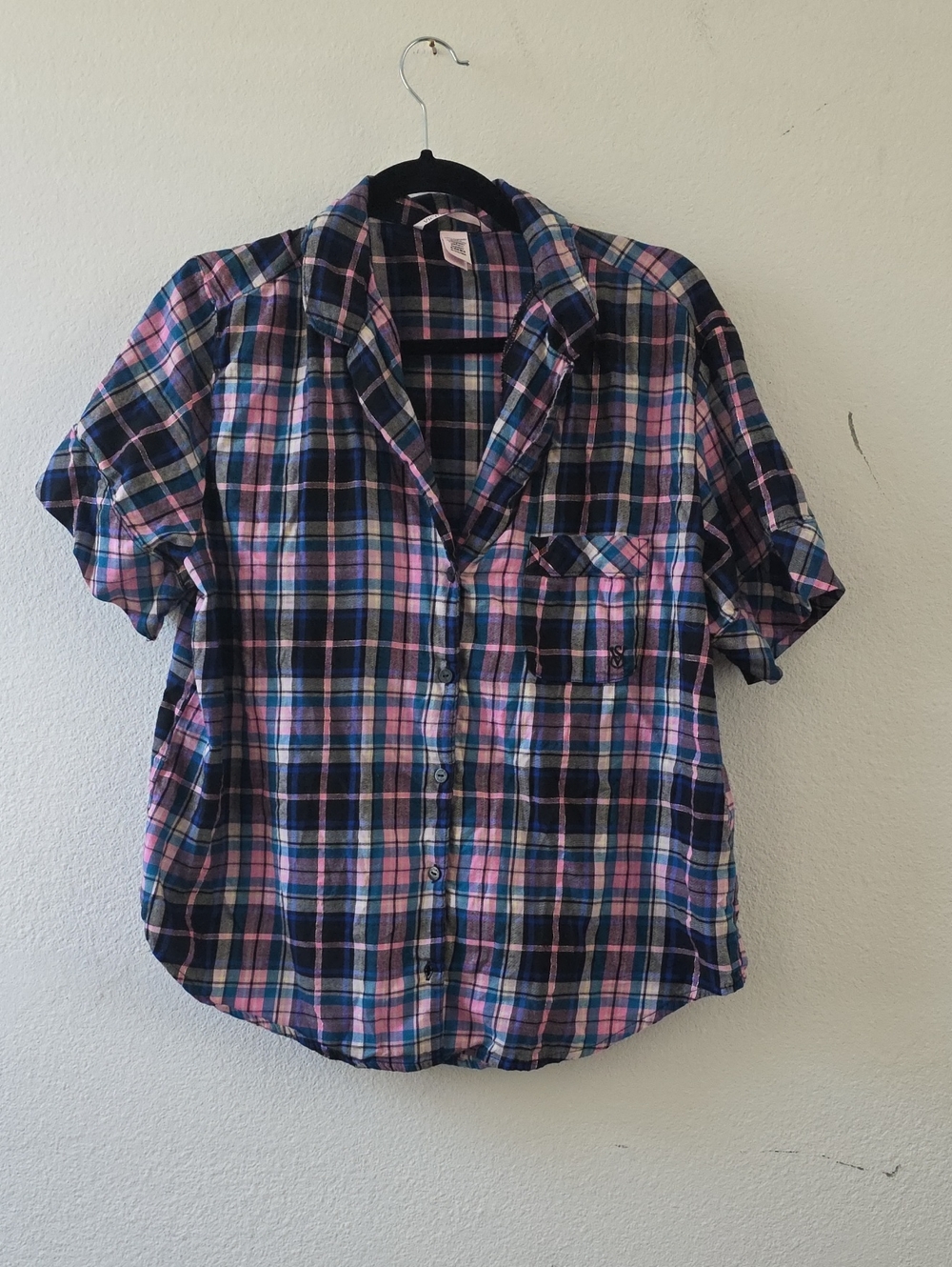 Victoria's Secret Blue and Pink Plaid Short Sleeve pajama Top Only Sz M